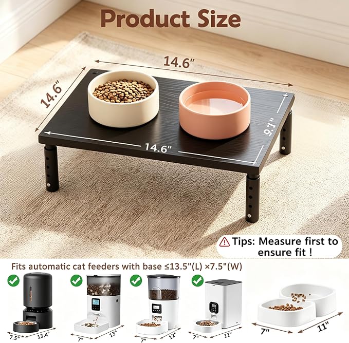 Adjustable Cat Food Stand, Elevated Cat Feeder Stand with 4 Height Settings, Automatic Cat Feeder & Tradition Bowls, Raised Pet Feeding Table Station for Cats & Small Dogs, Black 2-Pack