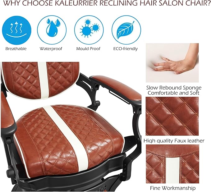 Kaleurrier Reclining Hair Salon Chair - Vintage Barber Chairs Height Adjustable for Stylist Barber Shop Home Haircut Tattoo Massage - Brown and White Quilted Leather