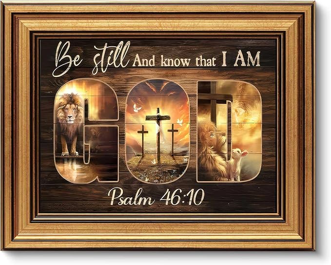 Gold Framed Wall Art, Christian God Canvas Prints, Lion and Lamb Cross Picture Wall Decor, Religious Bible Verse Artwork for Living Room Bedroom 9x11 inch