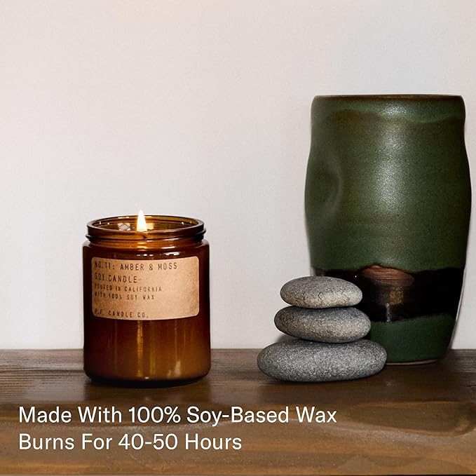 P.F. Candle Co. Amber & Moss Classic Standard Scented Soy Wax Candle (7.2 oz) 40-50 Hour Burn Time, Amber Glass Jar, Made in The U.S.A.