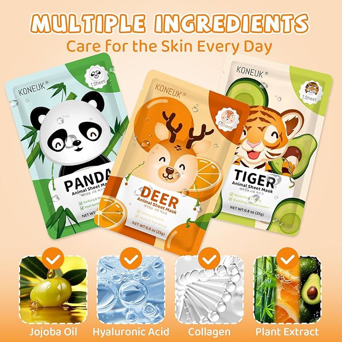 9 Pack Animal Face Masks Skincare for Kids, Bulk Sheet Hydrating Face Mask for Kids Skin Care, Collagen Face Mask for Teens Women, Easter Basket Stuffers, Spa Party Gifts for Teen Girls