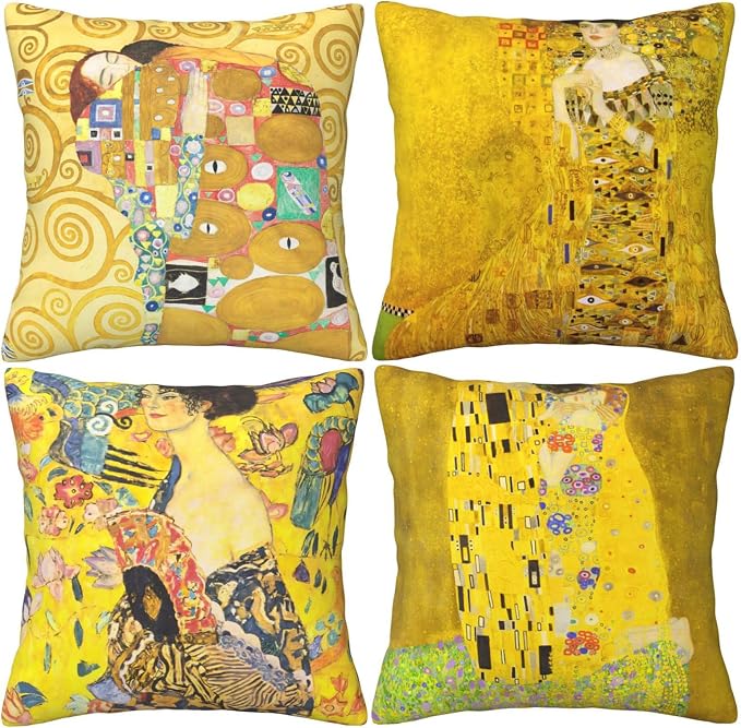 Klimt Art Pillow Covers 18x18 inch Set of 4 Famous Painting The Kiss by Gustav Klimt Cushion Covers Yellow Modern Decorative Pillow Cases for Sofa Couch Bed Office