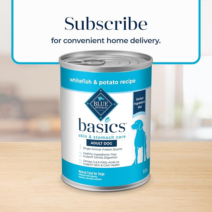 Blue Buffalo Basics Whitefish Adult Grain-Free Wet Dog Food, 12.5 oz, 12 ct | Skin & Stomach Care, Real Whitefish #1 Ingredient, Limited Ingredient Diet, Antioxidant-Rich LifeSource Bits