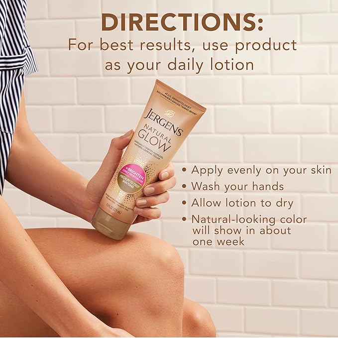 Jergens Natural Glow Self Tanner Body Lotion, Sunless Tanning, Medium to Deep Skin Tone, Daily Moisturizer with Coconut Oil, Vitamin E and Antioxidants, 7.5 Oz