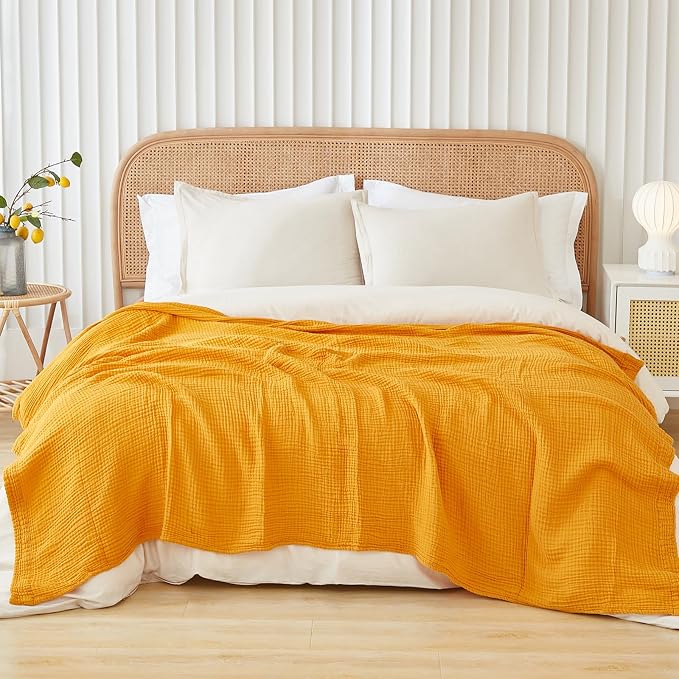 EMME Muslin Blankets for Adults Throw Blanket for Couch Breathable Gauze Soft Lightweight Airy Mustard Yellow King 108" x 90"