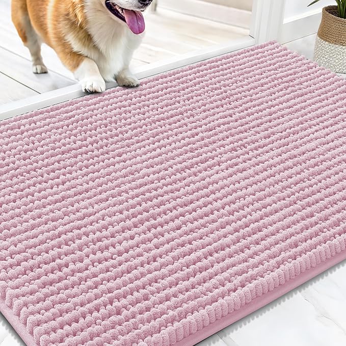 OLANLY Dog Door Mat for Muddy Paws 34x21, Extra Absorbent Chenille Mud Mat | Dusty Rose, Absorbs Moisture and Dirt, Non-Slip Machine Washable Doormat, Quick-Drying Indoor Entryway Floor Mat for Dogs