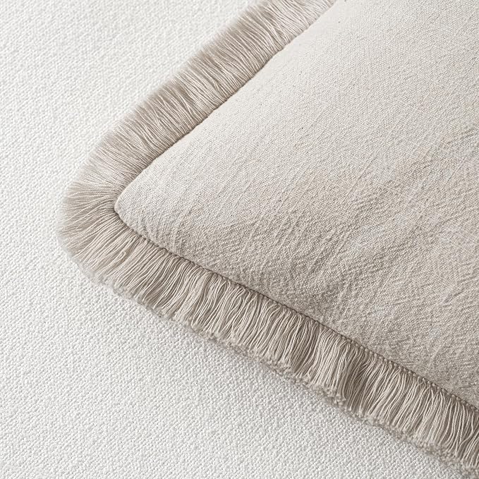 MIULEE Linen Decorative Lumbar Throw Pillow Covers Natural Beige 12x20 | Set of 2, Cottagecore Decor, Boho Farmhouse Neutral Pillow Covers, Rustic Fringe Couch Cushions for Sofa Bed Living Room