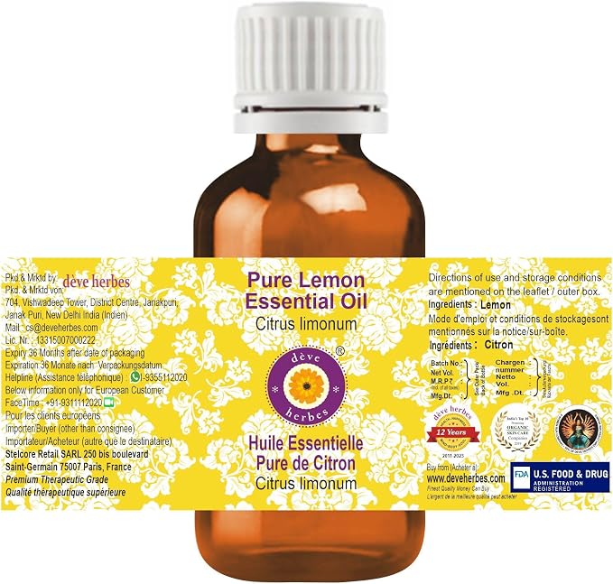 Deve Herbes Pure Lemon Essential Oil (Citrus limonum) Steam Distilled 2ml (0.06 oz)