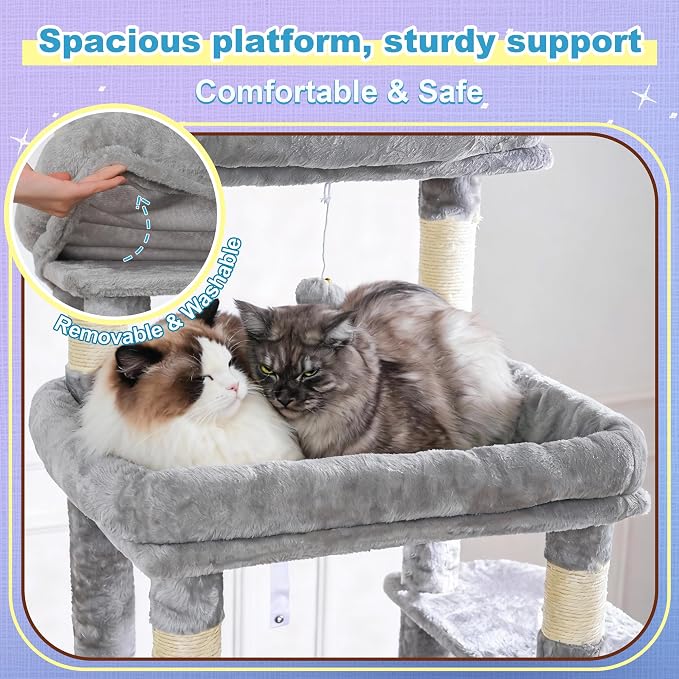 Hey-brother Cat Tree Tower with Extra Large Platform and Basket, MPJ080W | 71.7 Inches Scratching Posts with Specious Condo, 2 Cozy Hammocks, Scratch Board for Indoor Adult Cats, Maine Coon Light Gray