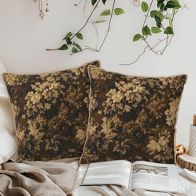 Neutral Flowers Dark Brown Soft Velvet Throw Pillow Covers Set of 2 Boho Vintage Abstract Floral Decorative Pillow Covers 20x20 Inch Retro Bohemian Pillow Case For Sofa Couch Farmhouse Home Decor