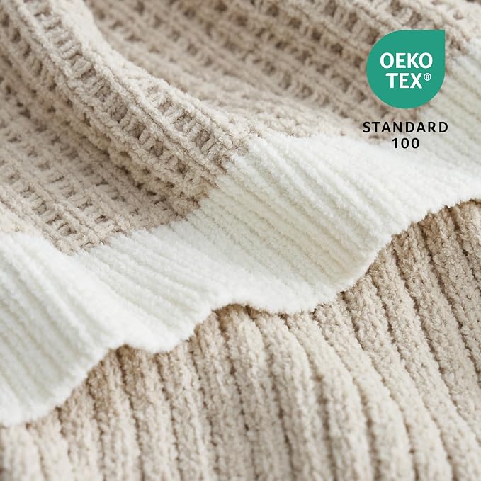 Chenille Throw Blanket, Soft Cozy Waffle Throw for Couch & Sofa, Warm Yet Lightweight, Breathable All-Season Throws for Women Men, Housewarming, Birthdays, 60"x80", Beige
