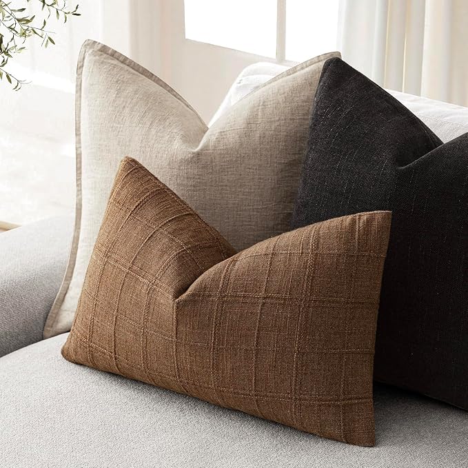 Foindtower Set of 2 Decorative Linen Check Throw Pillow Covers Neutral Farmhouse Lumbar Cushion Covers Modern Boho Home Decor for Sofa Chair Couch Bedroom Living Room,12×20 Inch,Brown Hazel