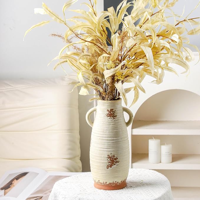 Ceramic Flower Vase with Handles, 12.3 Inch Tall Vase for Centerpieces, Large Decorative Terracotta Vases, Farmhouse Rustic Vases for Home Decor, Living Room, Table, Neutral