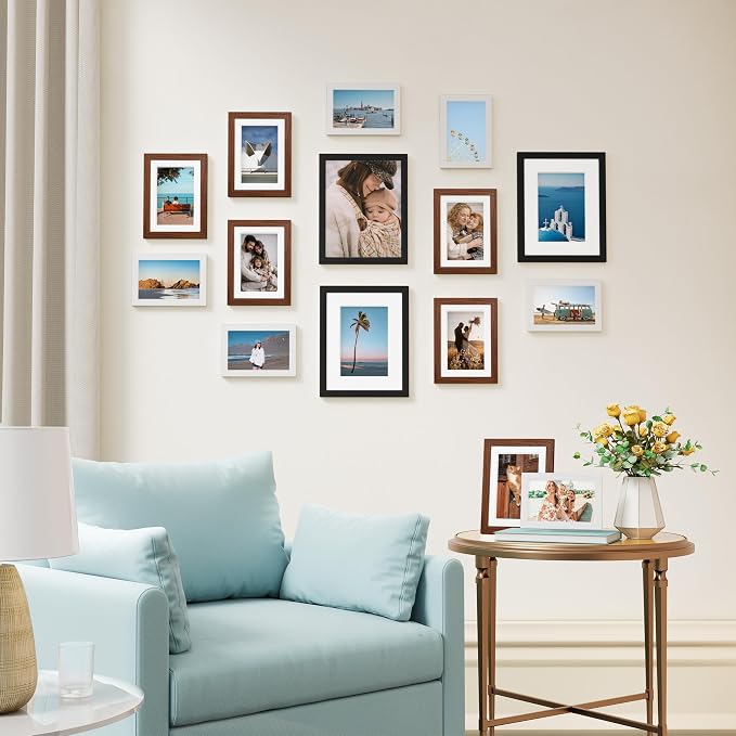 Vittanly 15 Pack Gallery Wall Frame Set, Black, Walnut Brown, White | Picture Frames Collage Wall Decor: 3pcs 8x10, 6pcs 5x7, 6pcs 4x6. Picture Frame Set for Wall or Tabletop Display