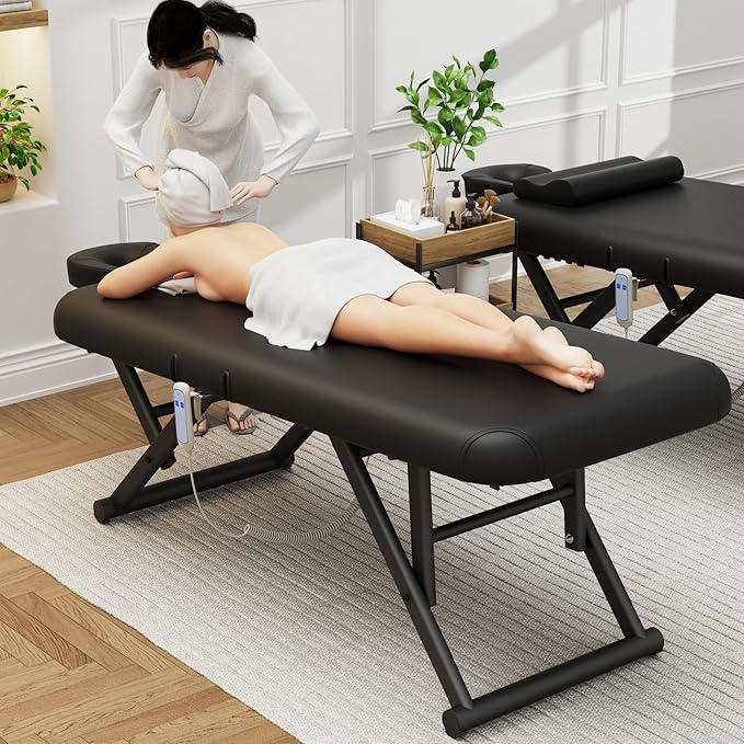 pouseayar Adjustable Massage Table with Face Pillow & Headrest, Silent and Easy to Adjust for Treatment Table Physical Therapy Table Spa Facial Bed - Adjustable Backrest, Electric Leg Lifting, Black