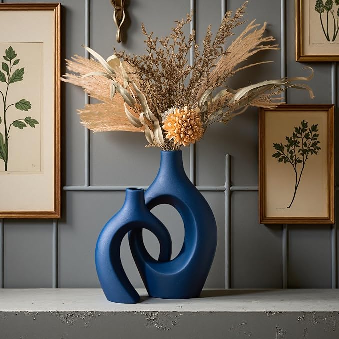 Snuggle Hollow Ceramic Vase Set of 2, 11 inch Modern Nordic Coastal Shaped Pampas Grass Aesthetic Decorative Table Vases for Living Room Shelf Home Decor (Matte Navy Blue -L)