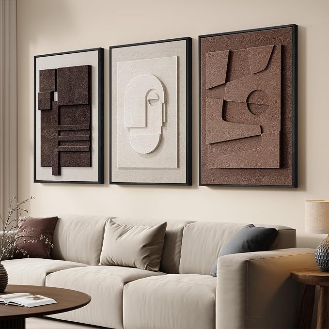 Large 3D Textured Framed Neutral Abstract Wall Art Set, 3 Piece, 20x30 In | Solid wood frames, sculptural relief details, white and brown tones, ready to display in living room, bedroom and lounge