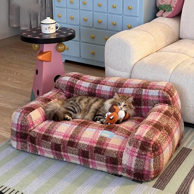 ZEZE Vintage Furniture Style Sofa Pet Bed - Washable Plush Dog & Cat Couch, Retro Style Pet Furniture, Soft Cozy Support for Pets (Large, Pink Plus)
