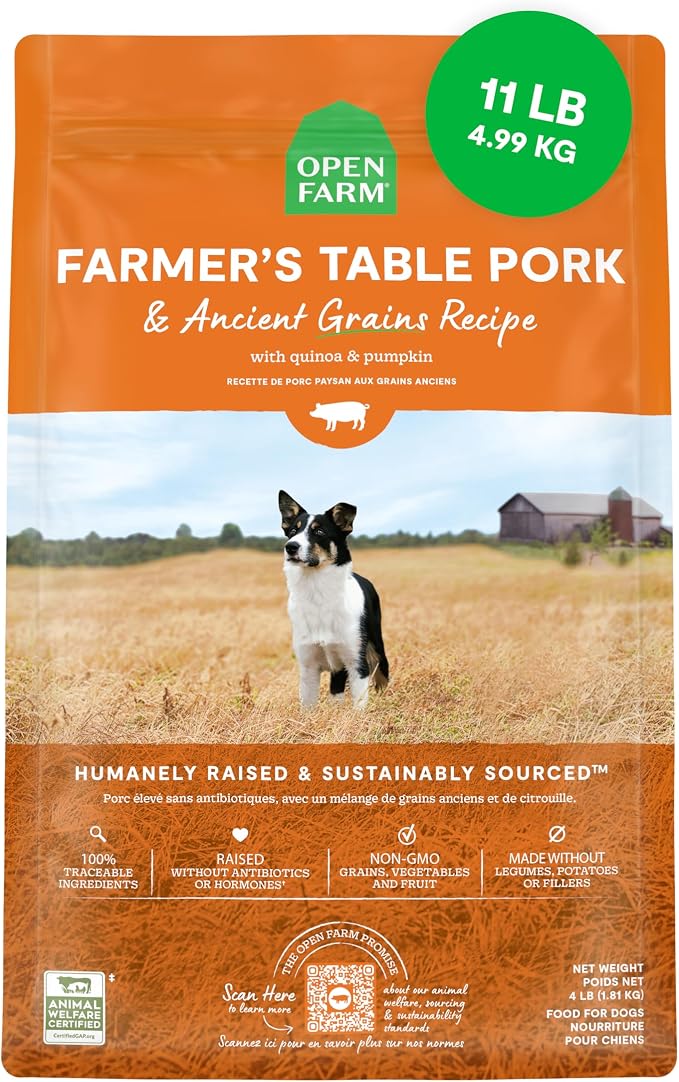 Open Farm Ancient Grains Dry Dog Food, Farmer's Table Pork Kibble, 11lb Bag | All Life Stages, All Breed Sizes, Protein-Rich & Nutrient Dense, 100% Traceable Ingredients, Non-GMO Fruits & Veggies.