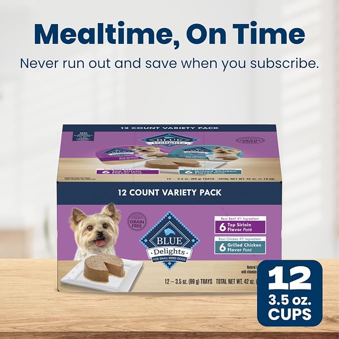 Blue Buffalo Delights Variety Pack Small Breed Wet Dog Food, 3.5 oz, 12 ct | Top Sirloin & Grilled Chicken (6 of Each), Grain-Free, Pate Style, No Corn, Wheat, or Soy