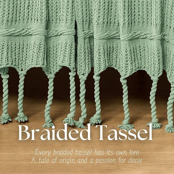 Boho Knitted Chenille Blanket with Tassels - Lightweight & Soft All-Season Throw - 3D Classic Pattern for Living Room Bedroom Couch, Sage Green, Throw 50"x60"