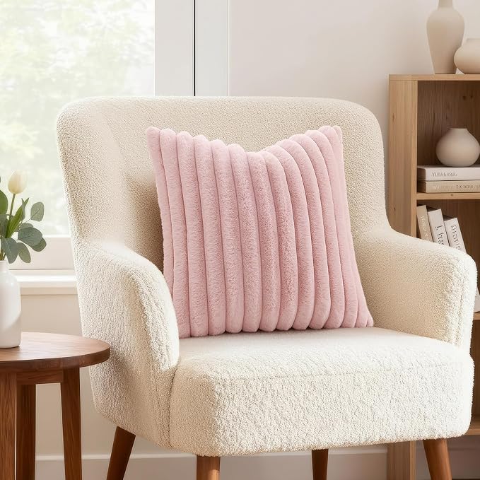 decorUhome Fall Faux Fur Throw Pillow Covers 22x22 Set of 2 Pink | Decorative Soft Cozy Striped Plush Modern Farmhouse Boho Couch Pillow Cases Velvet Back for Sofa Bed Living Room Home Decor