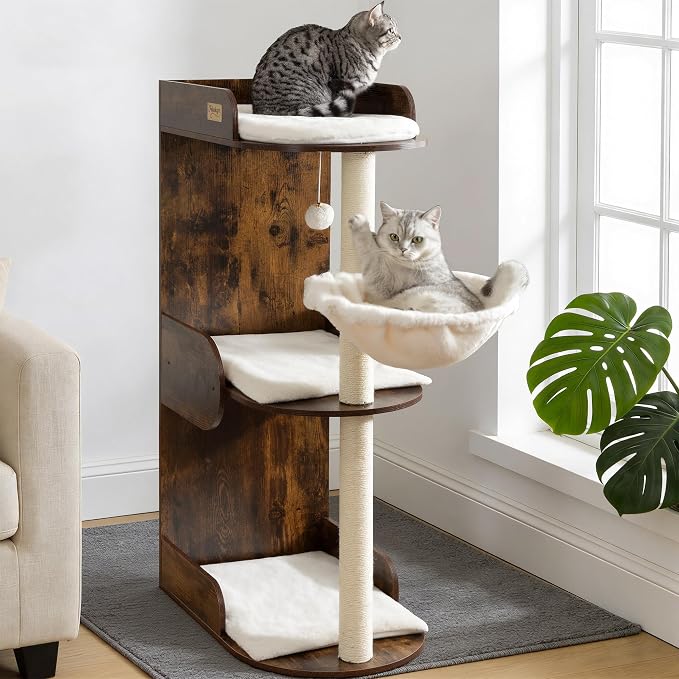 44.8in Modern Wood Cat Tree Tower for Indoor Large Cats with Perch | Multi-level Big Platforms, Sisal Scratching Posts, Cozy Hammock, Washable Pads, Ideal for Windows and Corners, Rustic Brown
