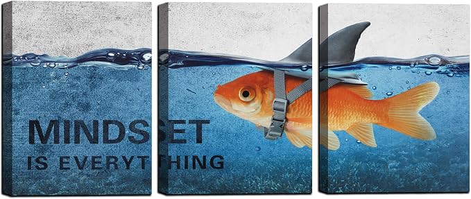 3 Panels Modern Framed Inspirational Canvas Wall Art Goldfish Body Strong Shark Heart Mindset is Everything Motivational Wooden Decor Posters (72''W x 36''H)