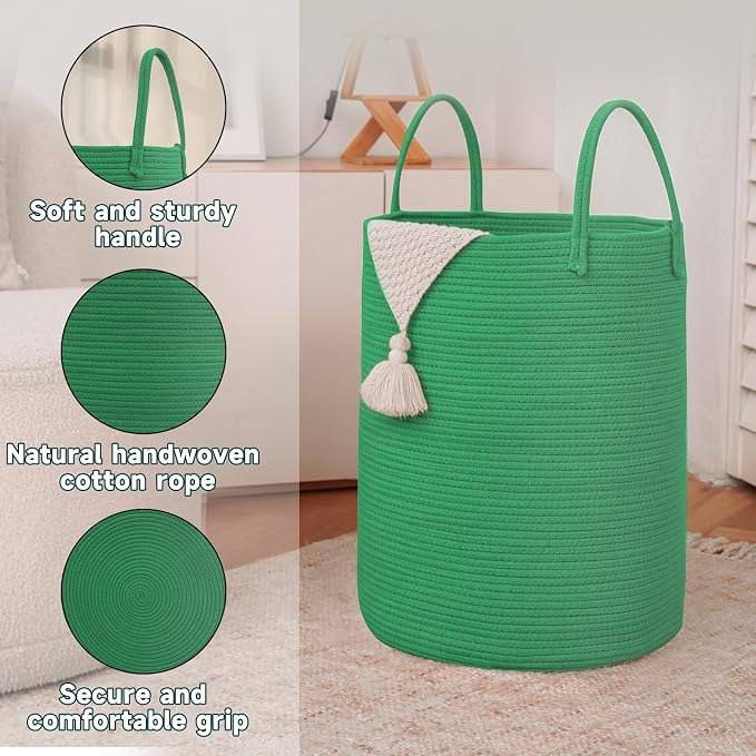 JMvicyroam 80L Cotton Rope Laundry Basket Hamper, Dark Green | Collapsible laundry basket, reinforced handles, freestanding, machine washable, holds 3-5 thick blankets, clothes or toys