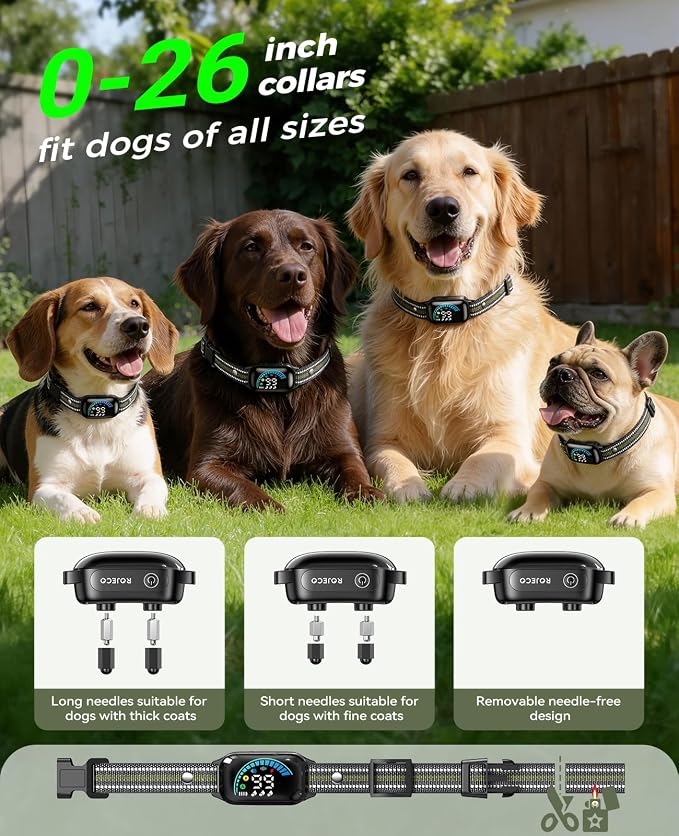 ROJECO 2-in-1 Dog Shock Collar & Bark Collar,Smart Anti-Barking for 2 Dogs | 3300FT Remote/IPX7 Waterproof/Beep,Vibration,Shock Modes/LED Light/TypeC Rechargeable/for Small Medium Large Dogs/Green,Black