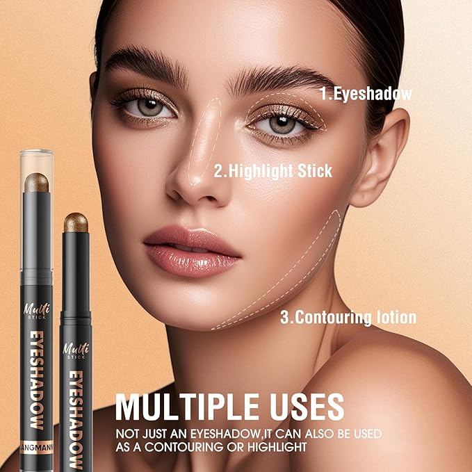 LANGMANNI 4Colors Dual-Ended Cream Eyeshadow Stick Set – Silky Smooth, Waterproof & Transfer-Proof, Built-in Blender Brush, All-Day Matte & Shimmer Wear Eye Makeup(#4+6+7+9)