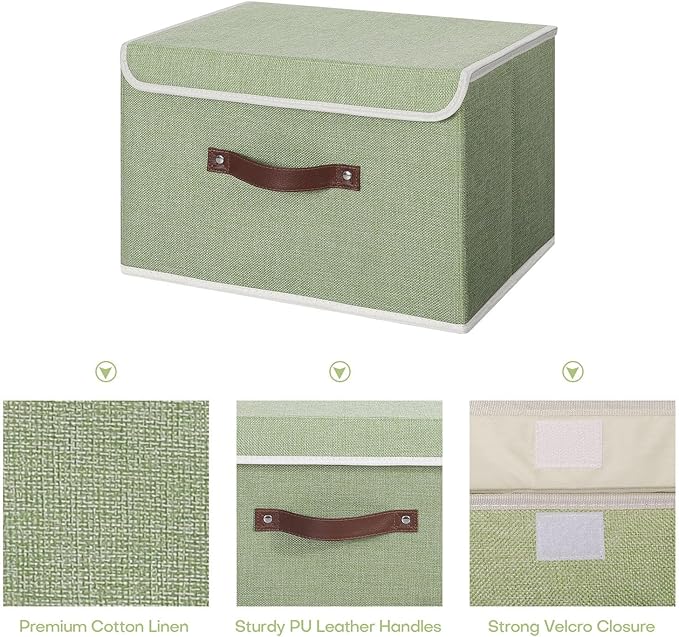 ANMINY Fabric Storage Box Bins with Lids, Green, 13"x9"x7.9", 4 Pack | Keepsake Memory Storage, Cotton Linen, PP Board Reinforced, Washable, PU Handles, Foldable & Stackable, Decorative, Medium