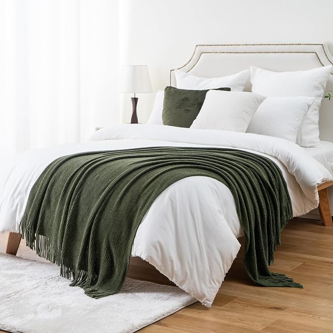 BATTILO HOME Olive Green Throw Blanket for Couch, 50"x60" | Soft Chenille Knit Throw Blanket with Tassels for Home Decor, Dark Green Throw for Couch Cover