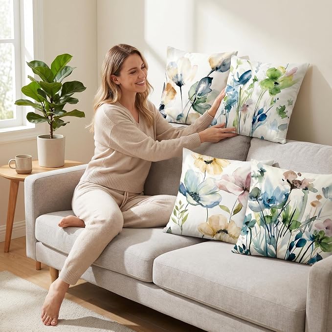 COMMINY Colorful Floral Pillow Covers 18x18 Set 6 Decorative Throw Cover | Farmhouse Flower, Breathable Linen, Standard Throw Pillow Size, Bedroom Accent Couch Sofa, Spring Summer Decor