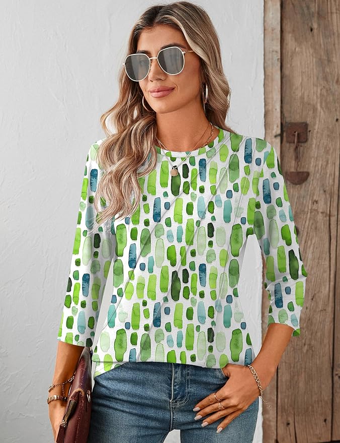 LOMON 3/4 Length Sleeve Womens Tops Spring Summer Fashion 2026 Tops Crew Neck Pleated Shirts Tunic Top Loose Fit