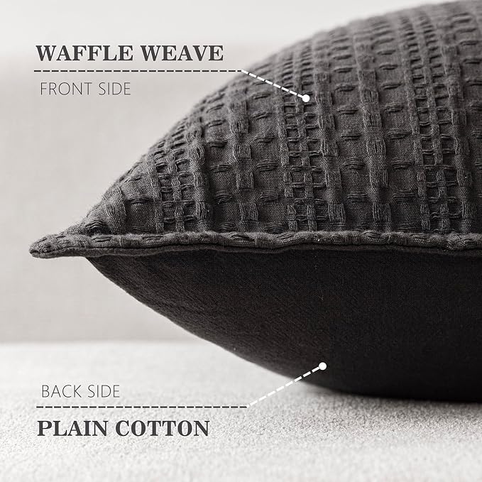 Foindtower Set of 2 Decorative Cotton Waffle Weave Throw Pillow Covers Euro Shams Cushion Covers Accent European Pillowcase for Bed Couch Sofa Bedroom Living Room Home Decor 20×20 Inch Dark Grey