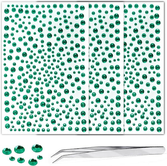 Rhinestone Stickers for Crafts Face Gems Pearls for Makeup Stick on Body Clear Crystal Tweezers Decals 3/4/5/6MM Dark Green Hair Nails Craft DIY Gems for Nails Makeup Decor 975PCS