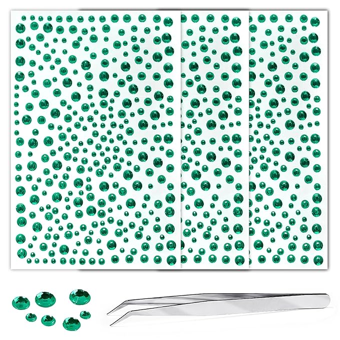 975Pcs Face Gems Hair Gems, Self-Adhesive Face Jewels Eye Jewels Rhinestones 3/4/5/6 mm DIY Face Gems Stick on, Hair Body Rhinestones Gems Crystals Pearls for Face Makeup, Crafts (gem_DarkGreen)