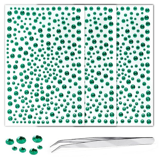975Pcs Face Gems Hair Gems, Self-Adhesive Face Jewels Eye Jewels Rhinestones 3/4/5/6 mm DIY Face Gems Stick on, Hair Body Rhinestones Gems Crystals Pearls for Face Makeup, Crafts (gem_DarkGreen)