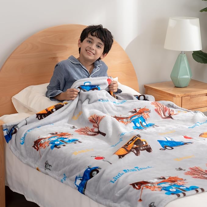 Berkshire Blanket - Officially Licensed Little Blue Truck Kids Throw Made with Signature VelvetLoft® Fabric, Pet-Friendly and Cozy Throw, 50 in x 60 in, Little Blue Truck - Stripe Grey