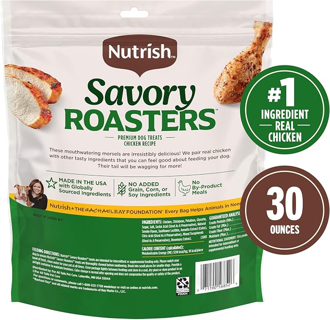 Nutrish Savory Roasters Dog Treats with Chicken, 30 oz. Pouch (Rachael Ray) | Grain Free Recipe with No Added Corn or Soy Ingredients, Veterinarian Reviewed Formula, Resealable Bag