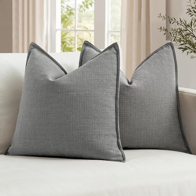 MIULEE Thick Textured Decorative Throw Pillow Covers 20x20 Inch Grey | Set of 2, Linen Blend Pillow Cover, Flange Edge Design, Farmhouse Modern Boho Style, Bed Couch Living Room Decor
