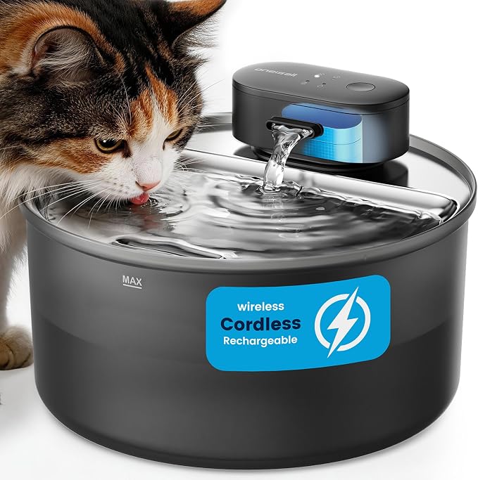 oneisall 108oz/3.2L Cordless Cat Water Fountain for Cats & Small Dogs | Ultra Quiet,Stainless Steel Tray,Rechargeable 45-day Battery,3 Flow Modes(Motion sensor),5-layer Filter,Display Indicator