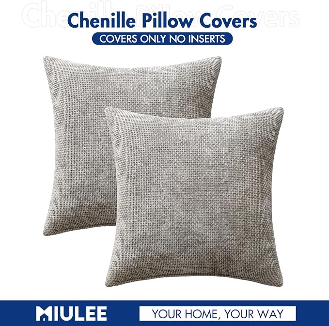 MIULEE Decorative Lumbar Throw Pillow Covers 12x20 Inch Light Gray 2 Pack | Modern Boho Accent, Soft Chenille Pillow Covers, Farmhouse Cushion Cases for Couch Bed Sofa Living Room Home Decor