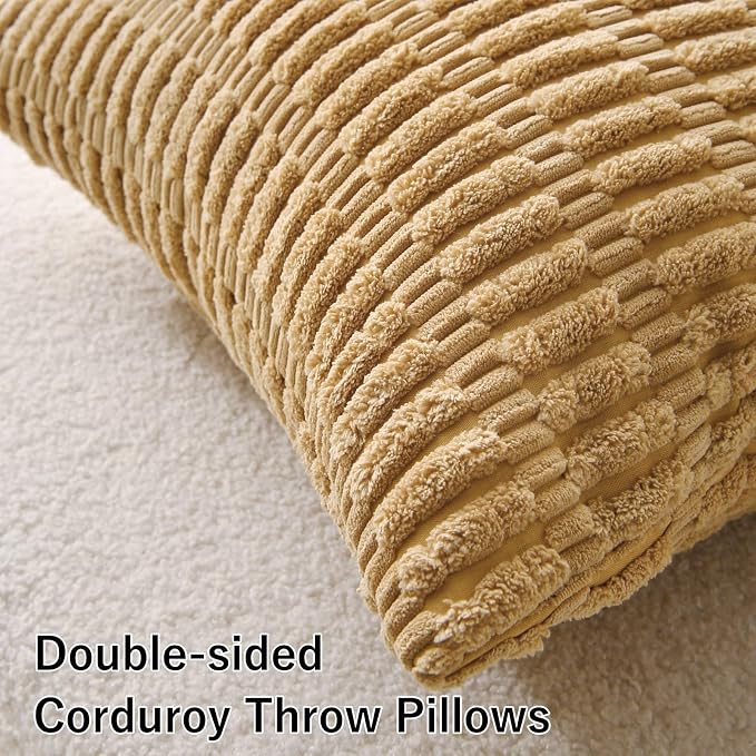 2 Pack Corduroy Decorative Throw Pillow with Inserts, 20x20 Inch Soft Boho Throw Pillow, Square Striped Throw Pillows for Couch, Bed, Sofa Decor (Golden Brown)