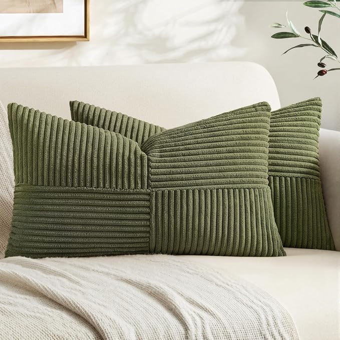 MIULEE Olive Green Decorative Lumbar Throw Pillow Covers 12x20 Inch 2 Pack | Boho Farmhouse Pillow Covers, Soft Cross Corduroy Patchwork Textured Cushion Cases For Bed Sofa