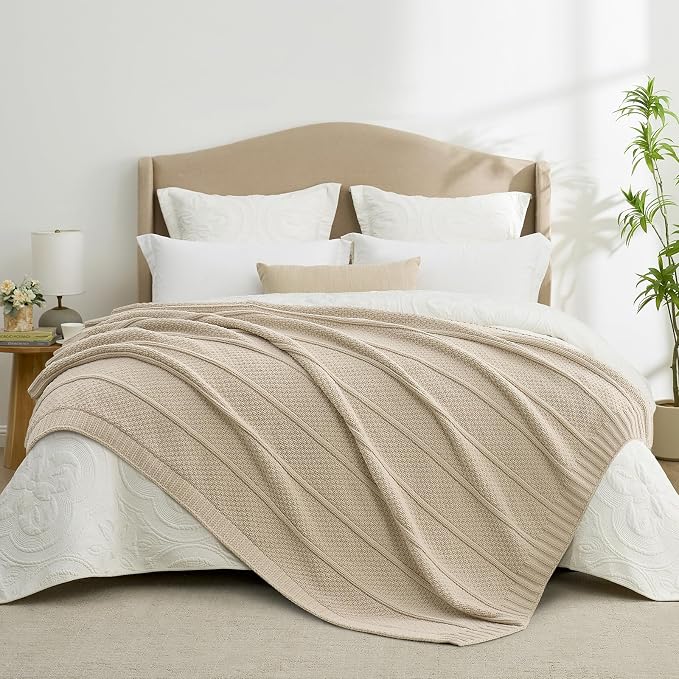Chenille Throw Blanket for Couch, Soft Cozy Chunky Knit Blanket, Moss Stitch Throw for Sofa, Bed, Living Room, Lightweight Warm Home Decor, Beige 60"x80"
