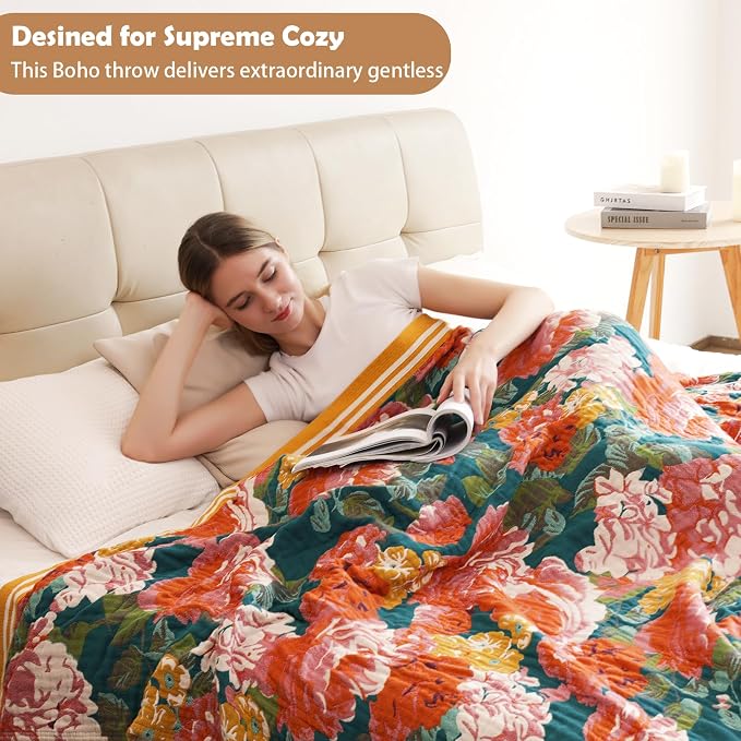 VANJOROY Boho Throw Blanket, 100% Organic Cotton Breathable Ultra Soft 60" x 80" Bed Quilt Throw - All Season Floral Rustic Farmhouse Decor Luxury Reversible Blanket for Sofa Couch Chair and Gift