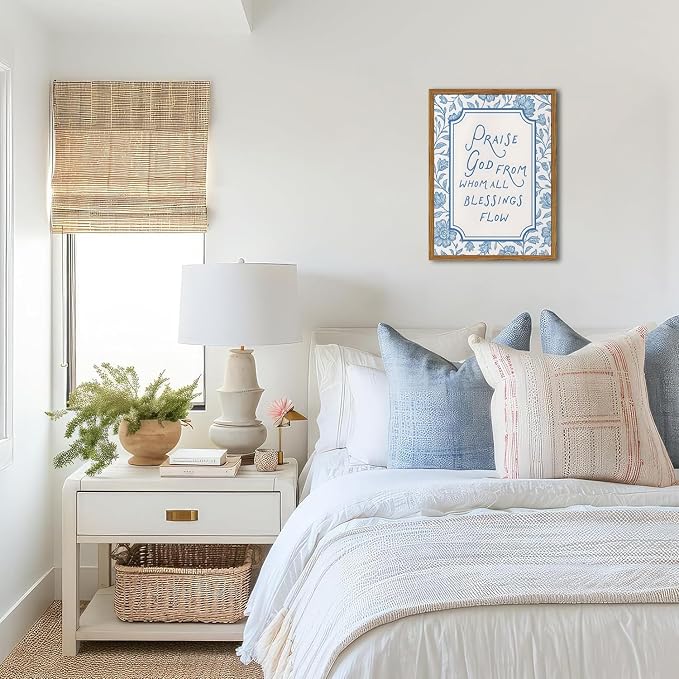 Framed Christian Wall Art, Bible Verse Praise God From Whom All Blessings Flow Pictures Wall Decor, Blue Floral Scripture Paintings Canvas Prints Religious Home Decor for Prayer Living Room 16x24 inch