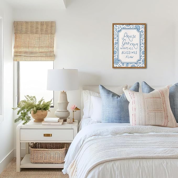 Framed Christian Wall Art, Bible Verse Praise God From Whom All Blessings Flow Pictures Wall Decor, Blue Floral Scripture Paintings Canvas Prints Religious Home Decor for Prayer Living Room 12x16 inch